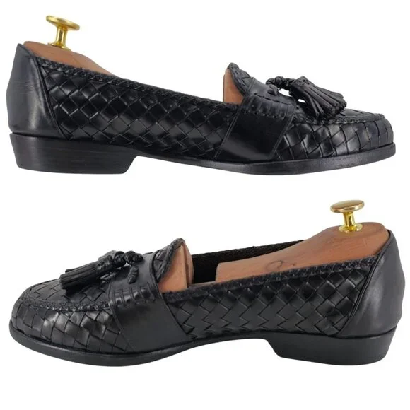 Vintage Bragano Cole Haan Italy Black Woven Leather Tassel Loafer Dress Shoes 8M - Picture 6 of 11